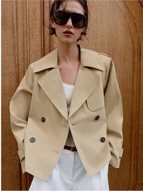 ZARA Cropped Double-Breasted Trench Jacket in Taupe Brown